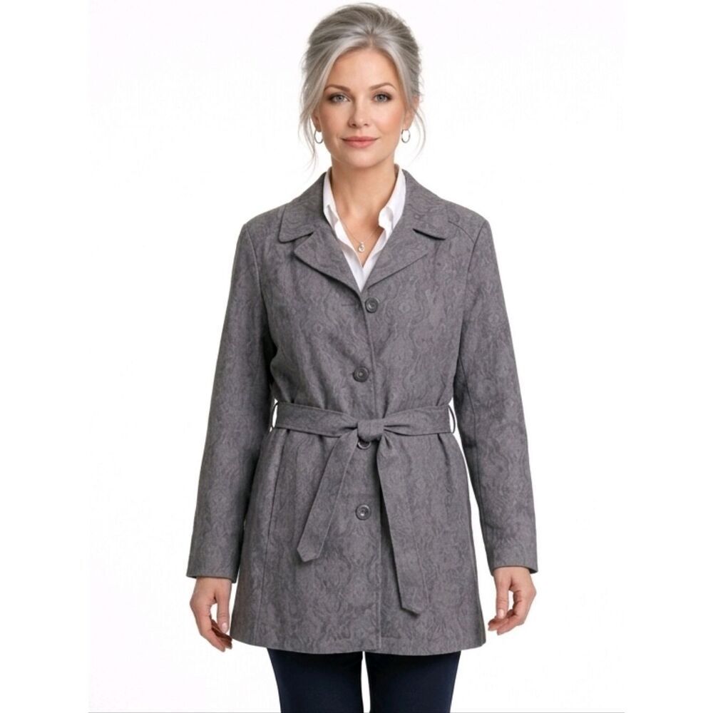 Relativity Gray French Scroll Print Buttoned  Lightweight Trench Coat Size XL